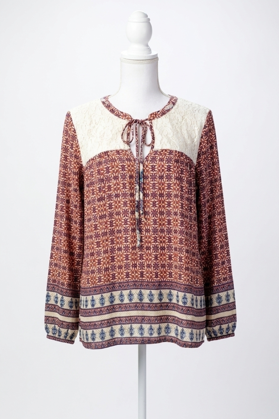 NEW KORI border print lace top in red
